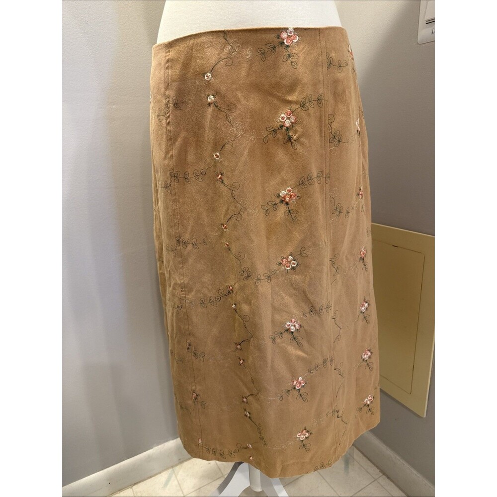 Dressbarn Skirt Size 12 Tan Embroidered Floral Blend Midi Cottage Vintage USA